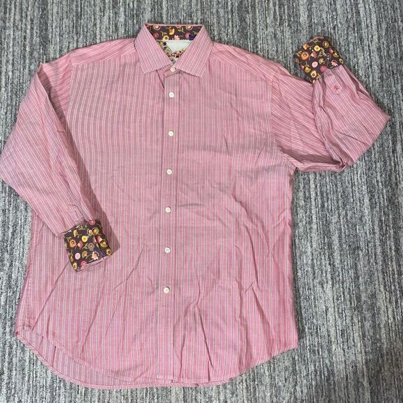 Robert Graham Mens Size Large Button Front Shirt Red Stripe‎ Flip Cuff Cotton - Picture 1 of 7